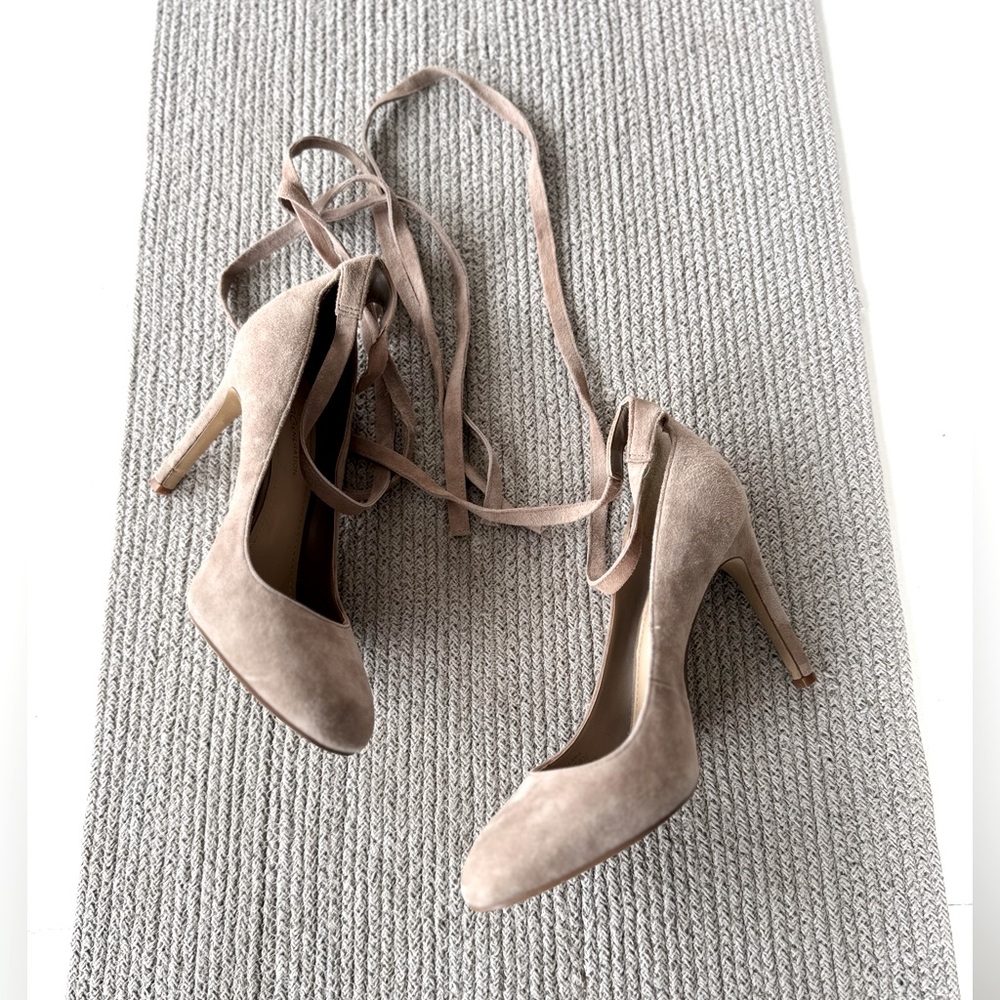 BCBGeneration Balletcore Taupe Gray Suede Ankle Ties Pumps Heels Size 6.5